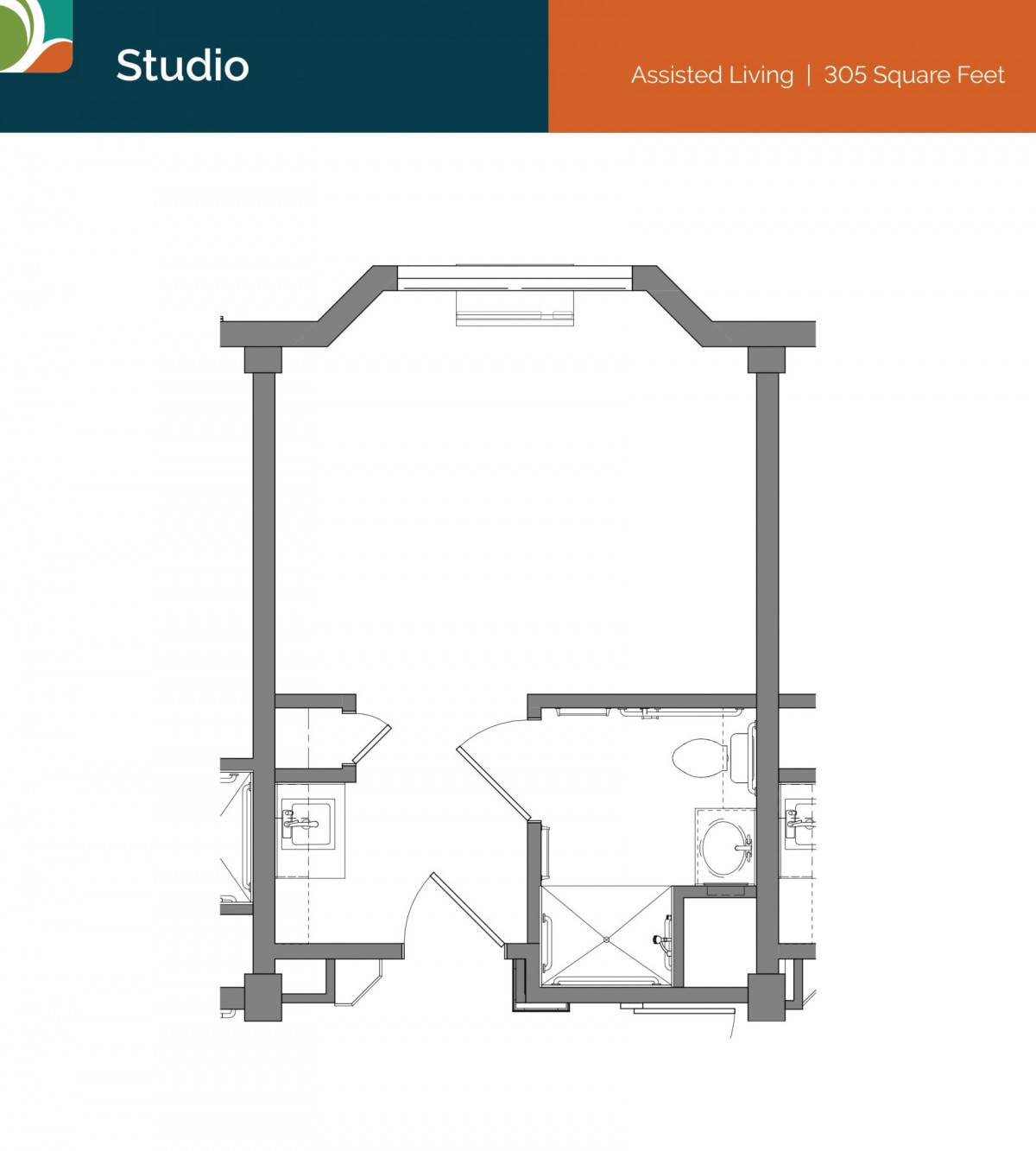 Studio apartment floor plan with detailed layout.