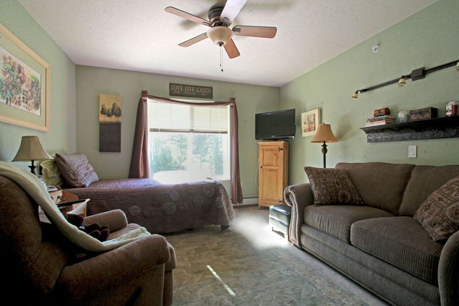 A cozy bedroom with a bed, sofa, and ceiling fan, illuminated by natural light from a large window.