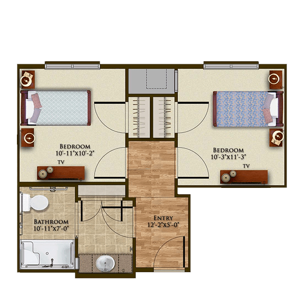A floor plan featuring two bedrooms, a bathroom, and a living area.