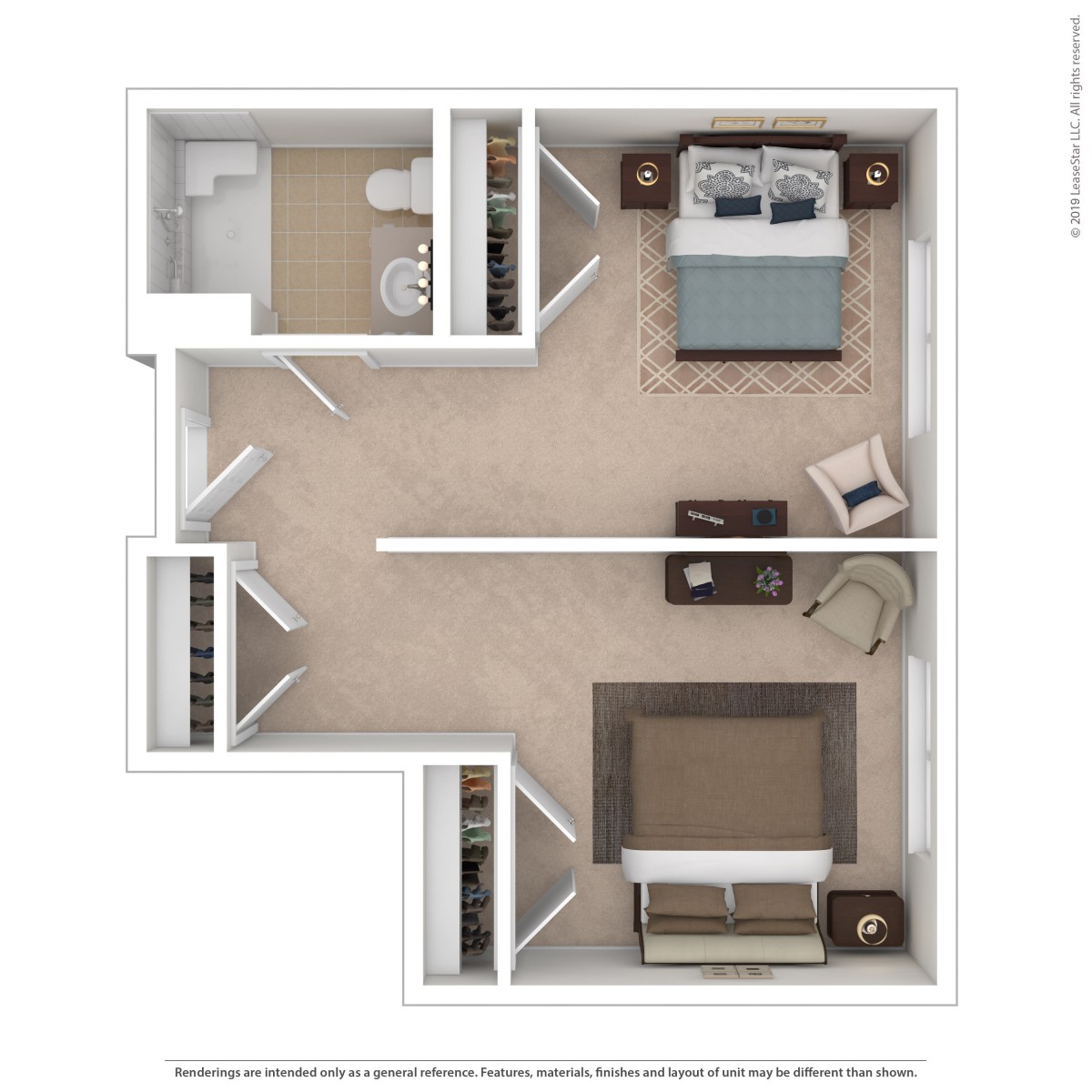 A one-bedroom apartment floor plan with a living area, bedroom, bathroom, and kitchen space.