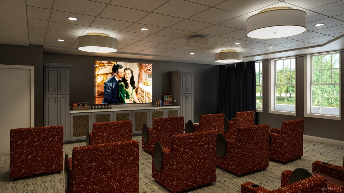 A cozy home theater with comfortable seating and a large screen.