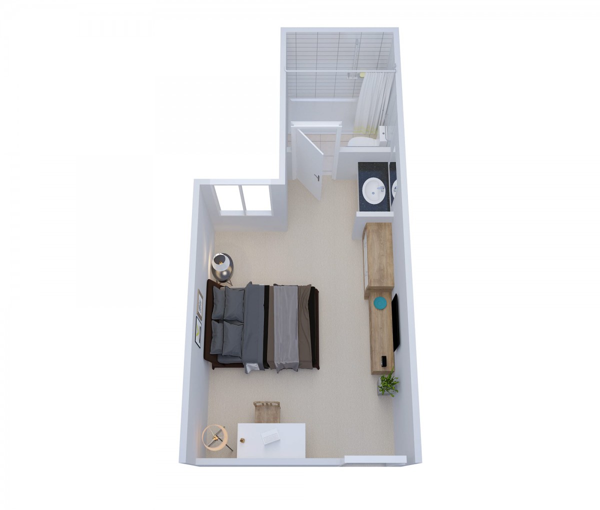 3D floor plan of a room designed as a home gym with various exercise equipment.