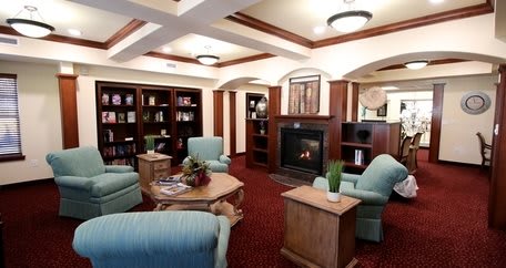 A cozy living room with a fireplace, surrounded by bookshelves and comfortable seating.