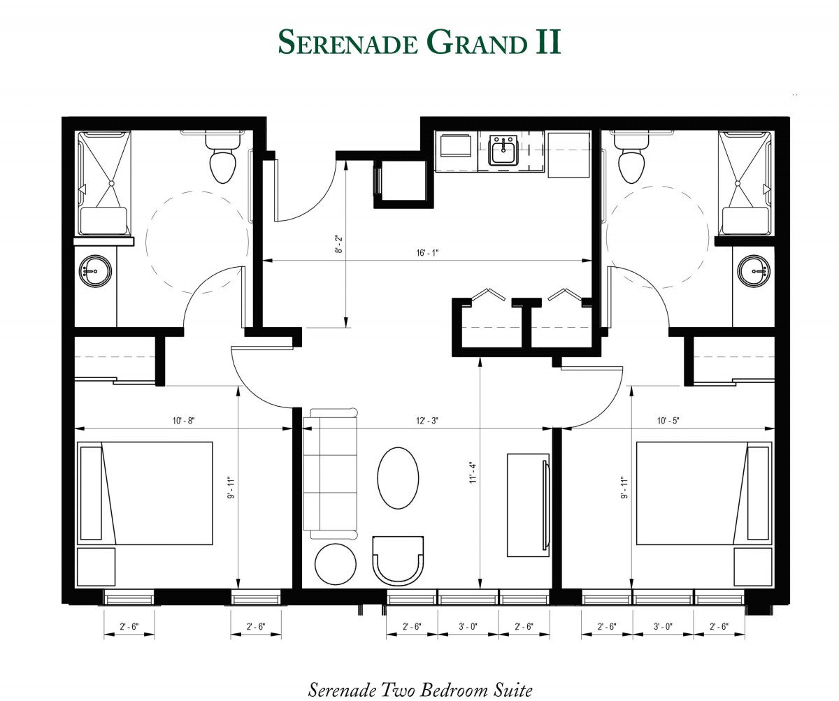 An architectural floor plan depicting the Serenade Grand II layout, featuring two bedrooms and essential living spaces.