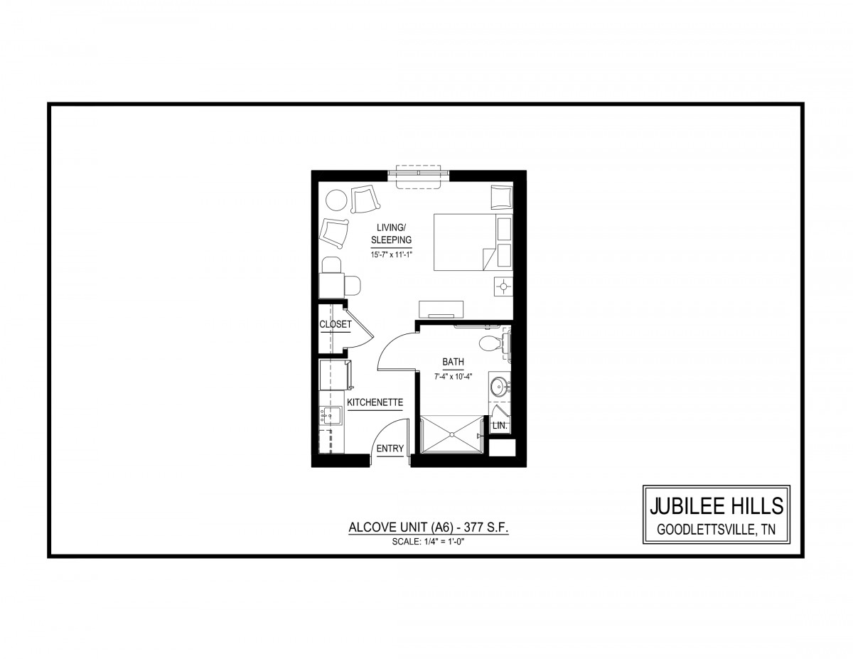 Studio apartment floor plan with a compact and efficient layout.