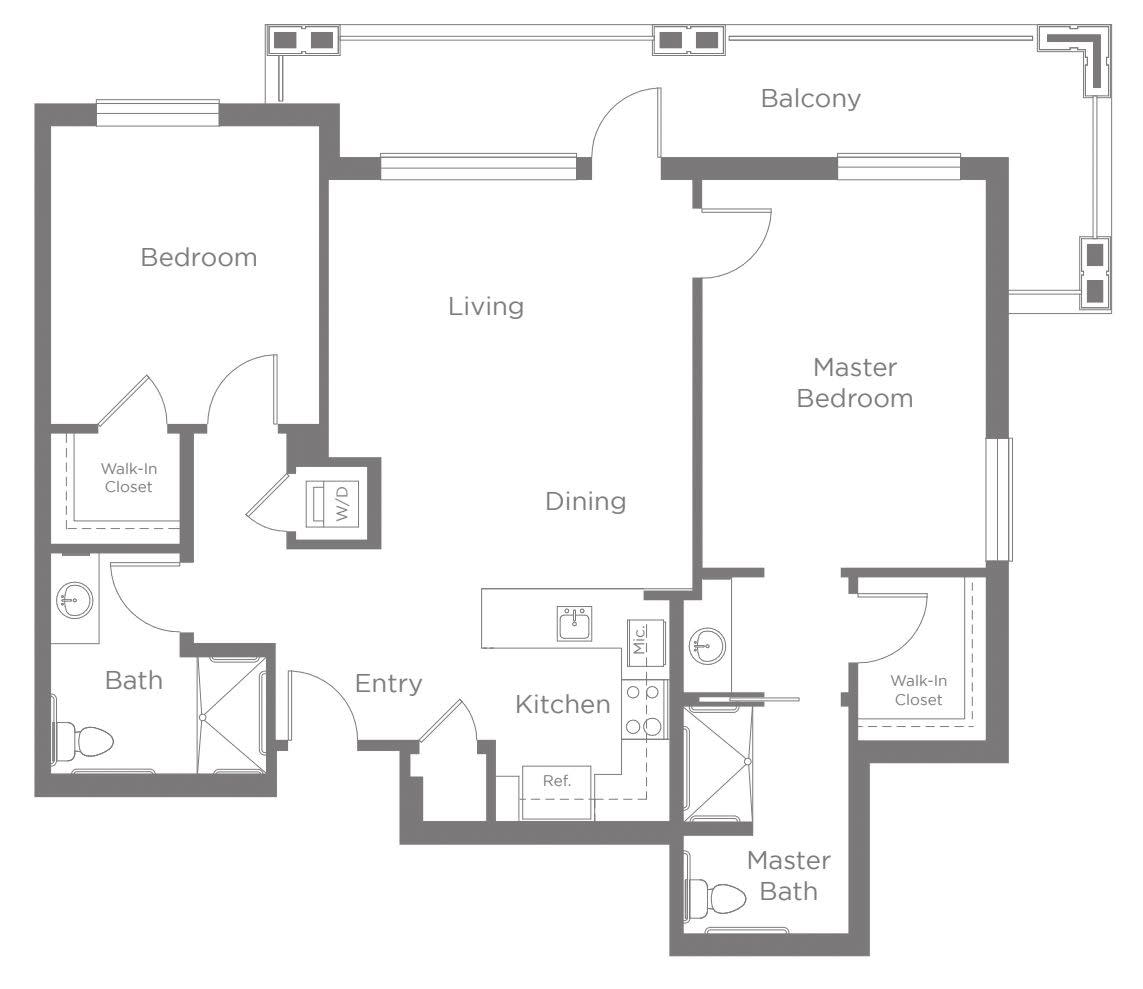 A floor plan showing the layout of a two-bedroom apartment with labeled rooms including living, dining, kitchen, and bathrooms.
