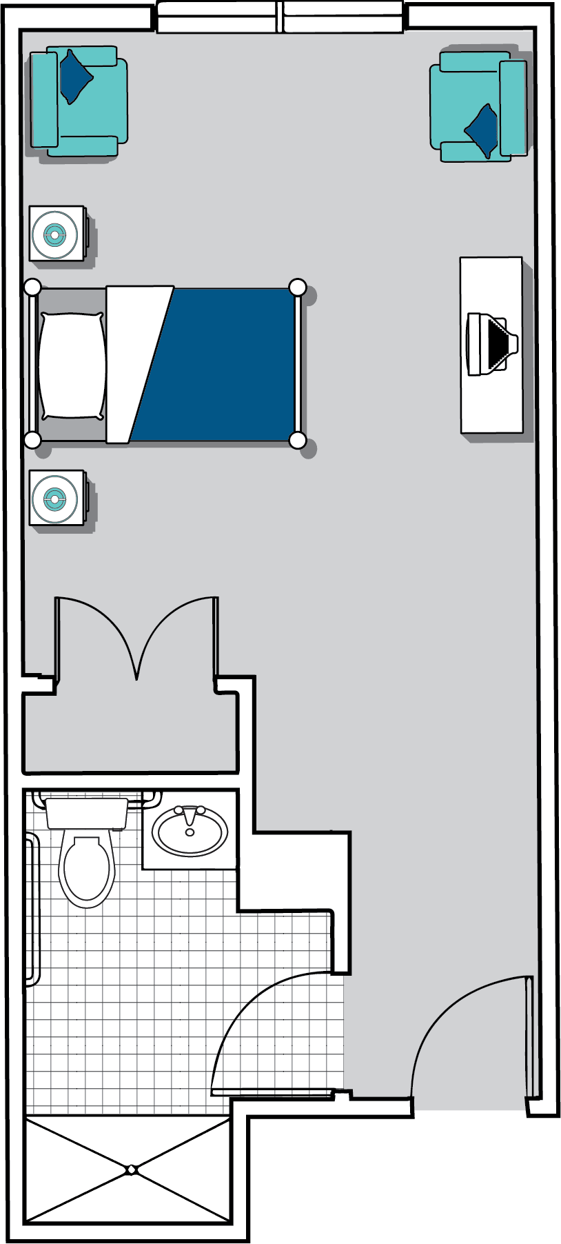 A floor plan of a studio apartment featuring a combined living and bedroom area, alongside a separate bathroom.