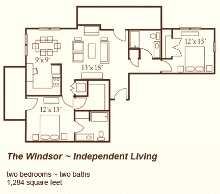 The Windsor Independent Living floor plan featuring two bedrooms and two baths across 1266 square feet.