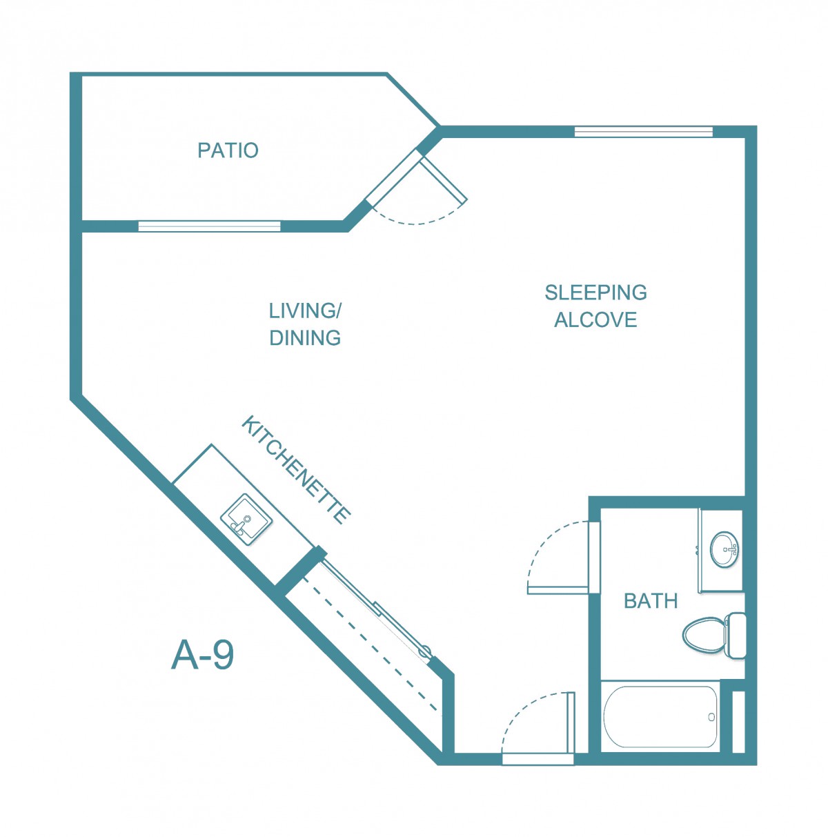 Studio apartment floor plan with a living/dining area, sleeping alcove, kitchen, bathroom, and patio.