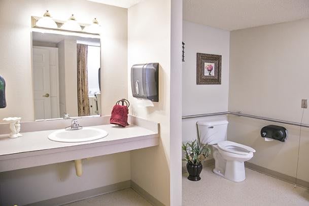 A clean and spacious bathroom with a sink, mirror, and toilet, decorated with a small plant and wall art.
