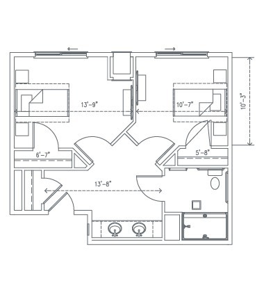 A detailed floor plan of a building layout with rooms and dimensions.