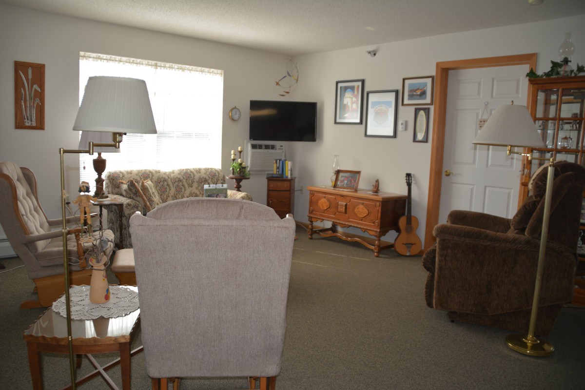 A cozy living room with comfortable seating, featuring a sofa, armchair, and various decor elements such as a television and a guitar.