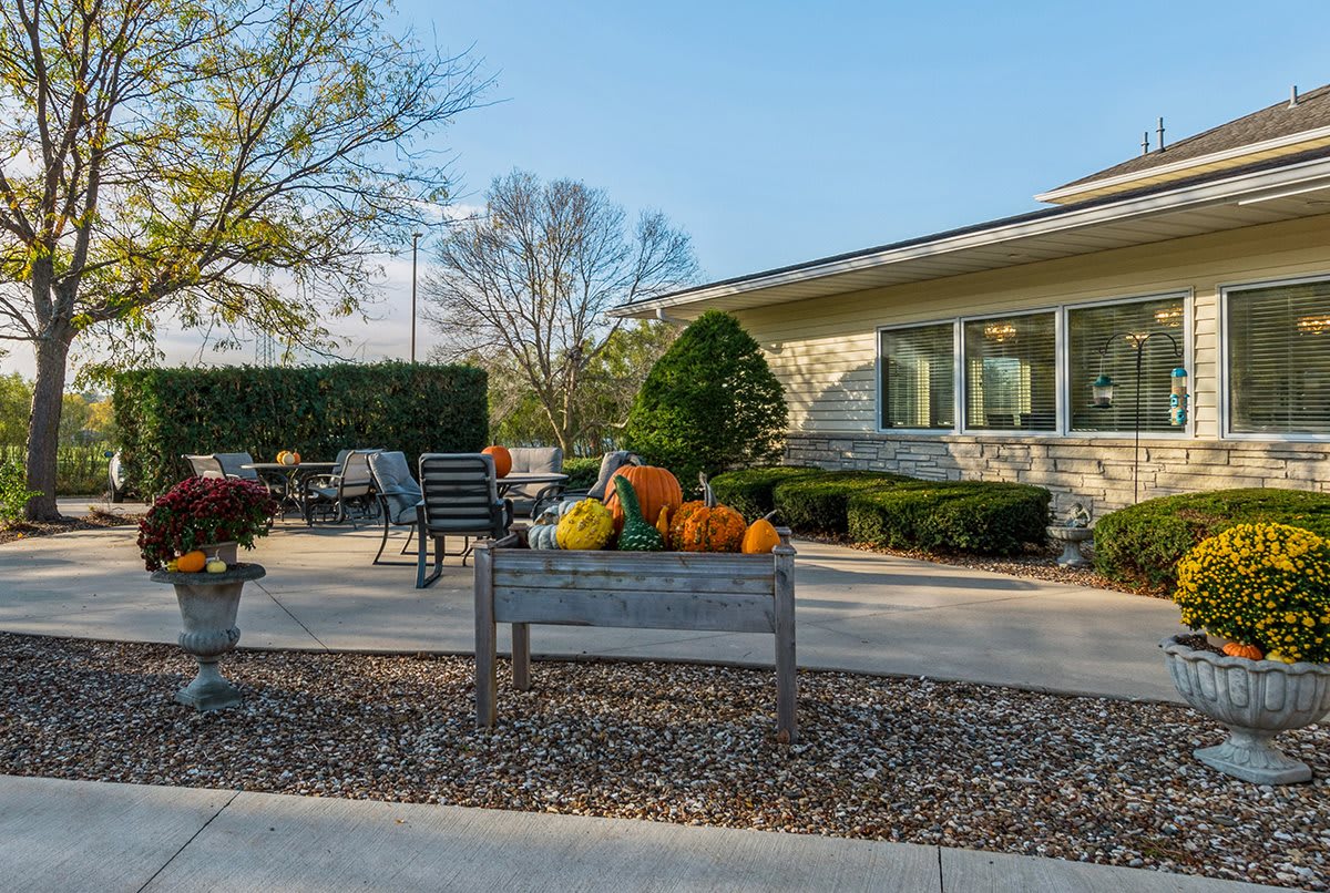 A cozy outdoor patio decorated with pumpkins and seasonal decorations, capturing the essence of autumn.