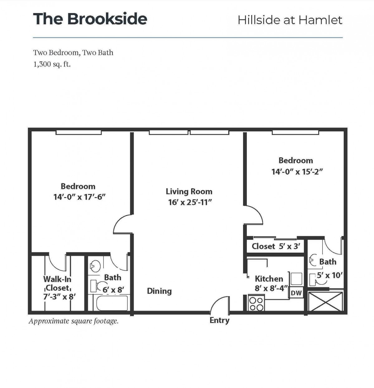 The Brookside floor plan showing a two-bedroom, two-bath apartment layout.