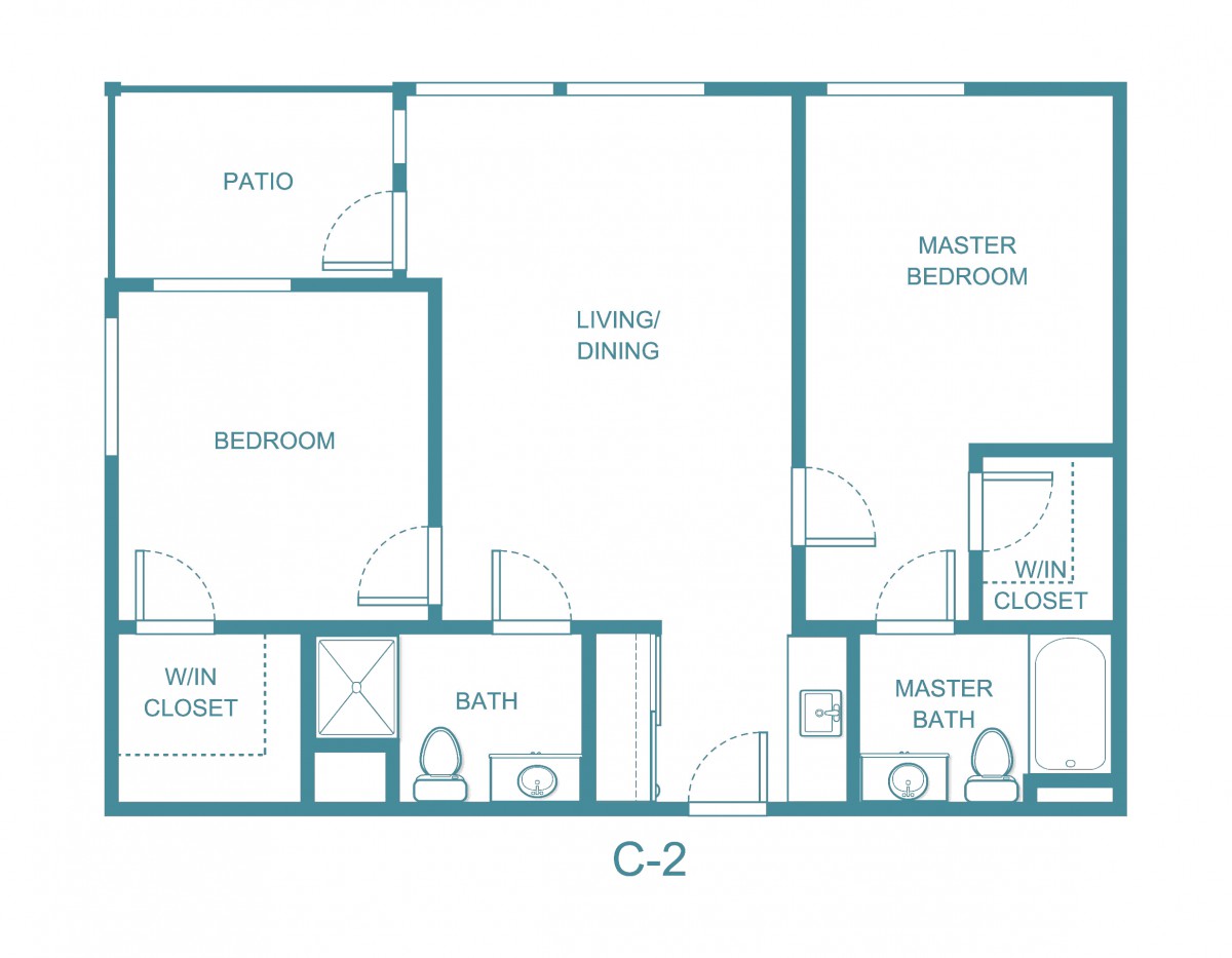 A floor plan of a two-bedroom apartment featuring a master bedroom with an attached bath, a second bedroom, living/dining area, kitchen, and patio.