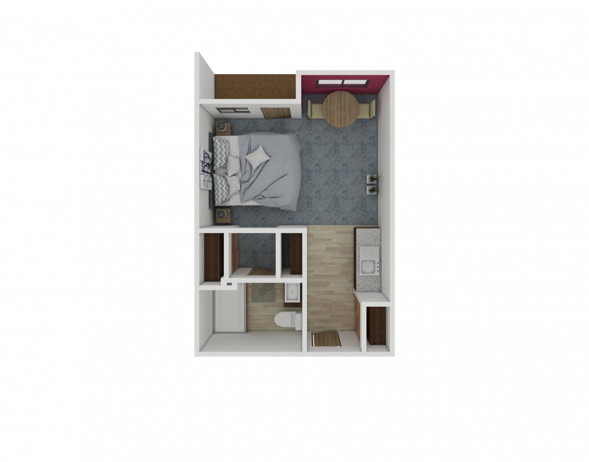 A 3D floor plan of a studio apartment featuring a bedroom, bathroom, and kitchenette.