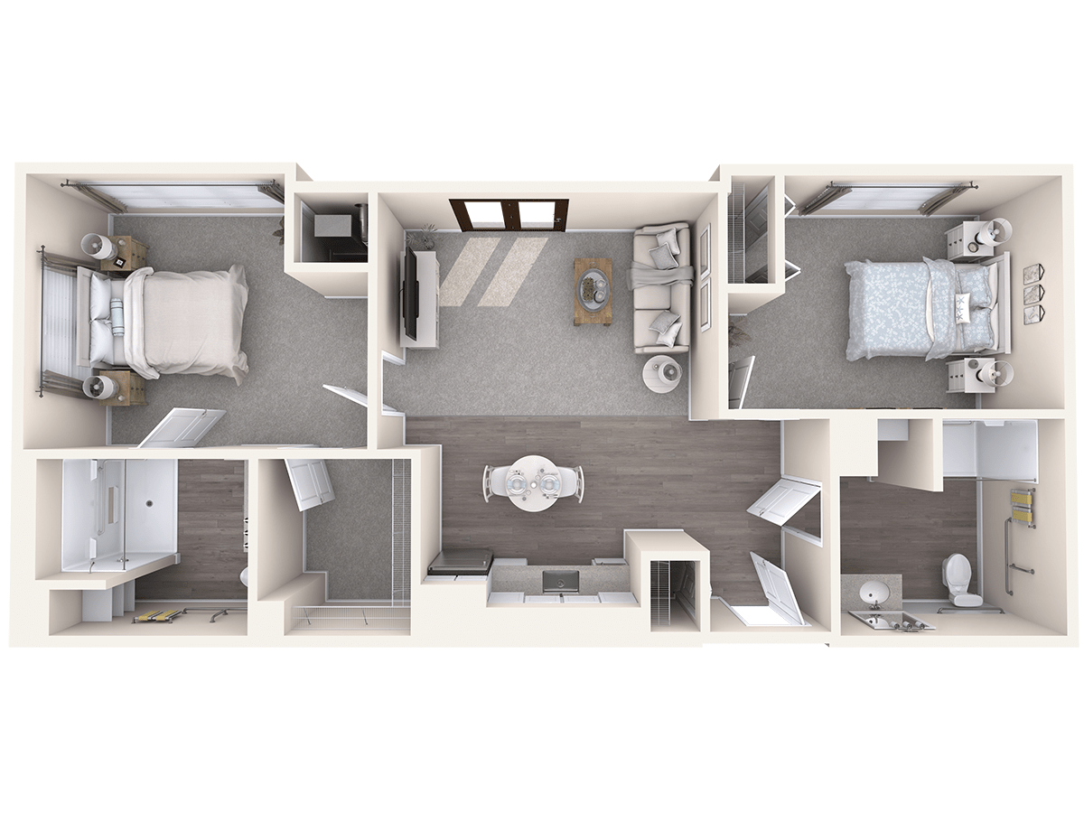 A 2D floor plan illustrating the layout of an apartment with multiple rooms.