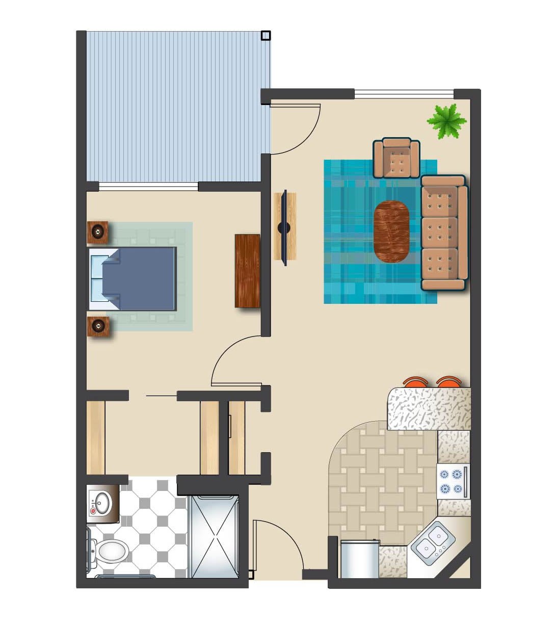 A detailed floor plan of a one-bedroom apartment featuring a living room, kitchen, bedroom, and bathroom.