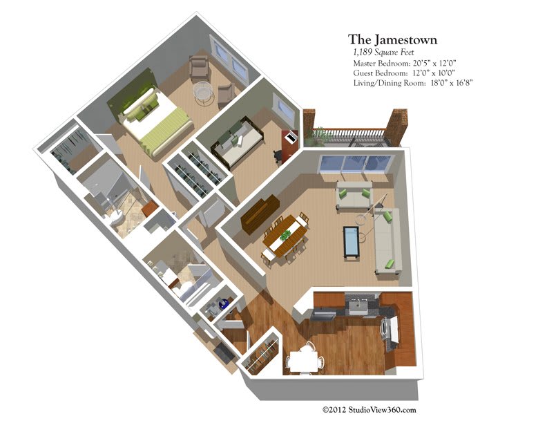 3D floor plan of an apartment with a bedroom, bathroom, kitchen, and living area.