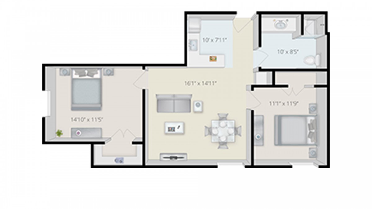 A floor plan of a two-bedroom apartment with a kitchen, living room, and bathroom.