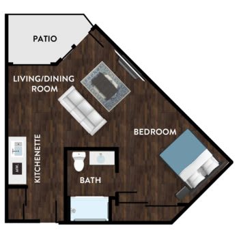A one-bedroom apartment floor plan featuring a living/dining room, kitchenette, bathroom, and patio.
