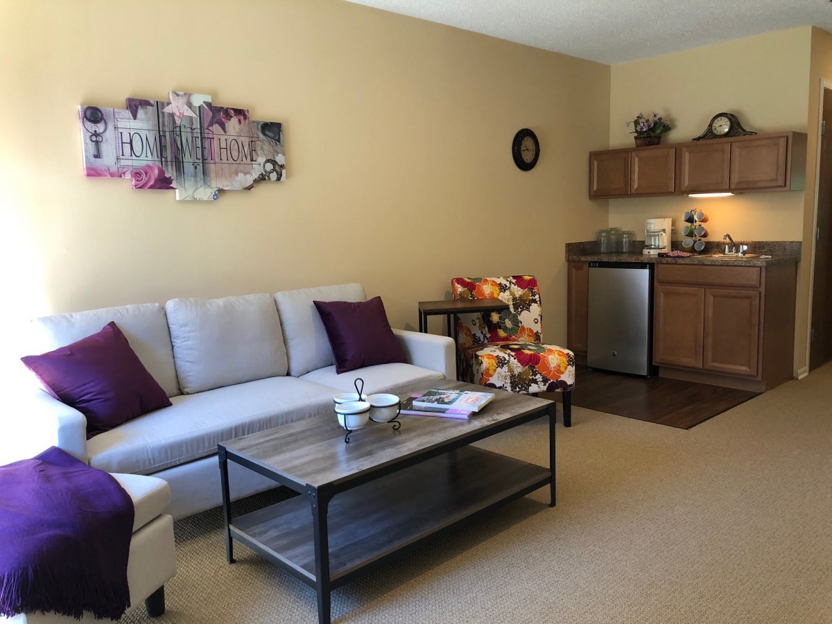 A cozy living space featuring a comfortable sofa, coffee table, and a small kitchenette in the corner.