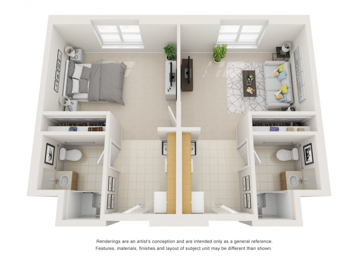 A detailed floor plan of a two-bedroom apartment showing separate living spaces with bedrooms, bathrooms, and a shared kitchen area.