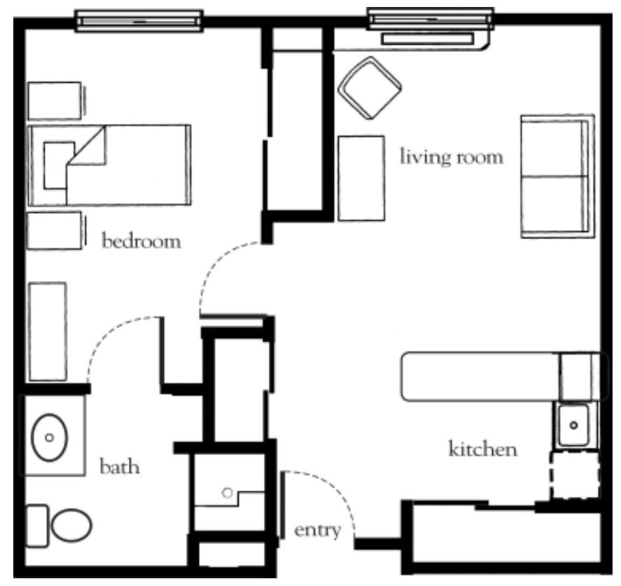 A floor plan of a one-bedroom apartment featuring a living room, kitchen, and bathroom.