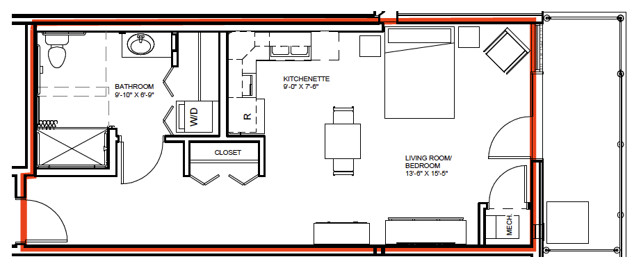A floor plan of a studio apartment featuring a kitchenette, living/bedroom area, and closet.