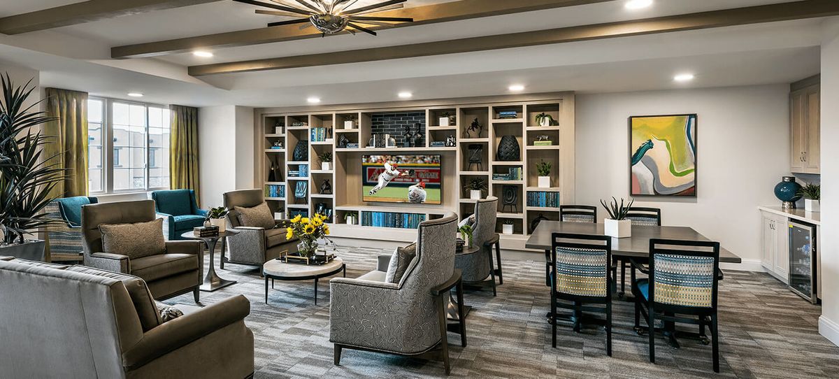 A modern living room with comfortable seating, bookshelves, and a television.