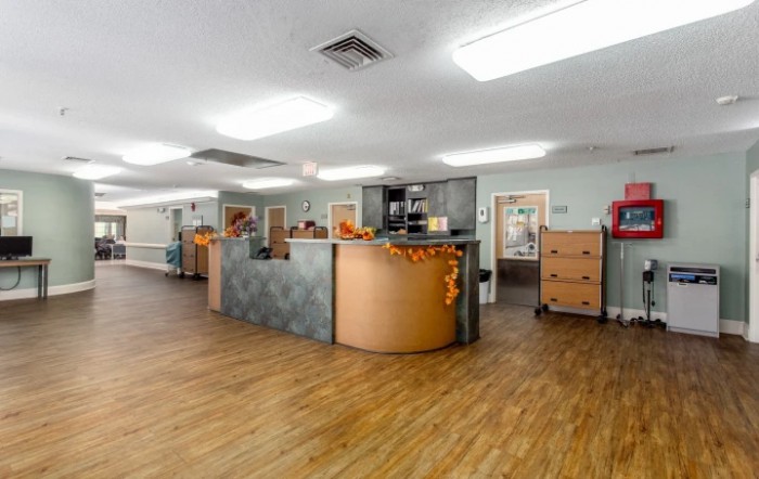 A modern reception area with a wooden floor and festive decorations.