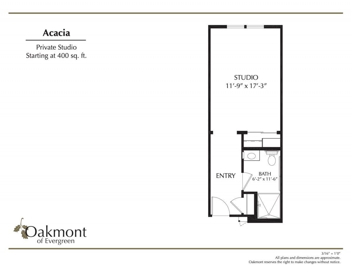 Floor plan of the Acacia studio apartment featuring a compact layout with a living area and bathroom.