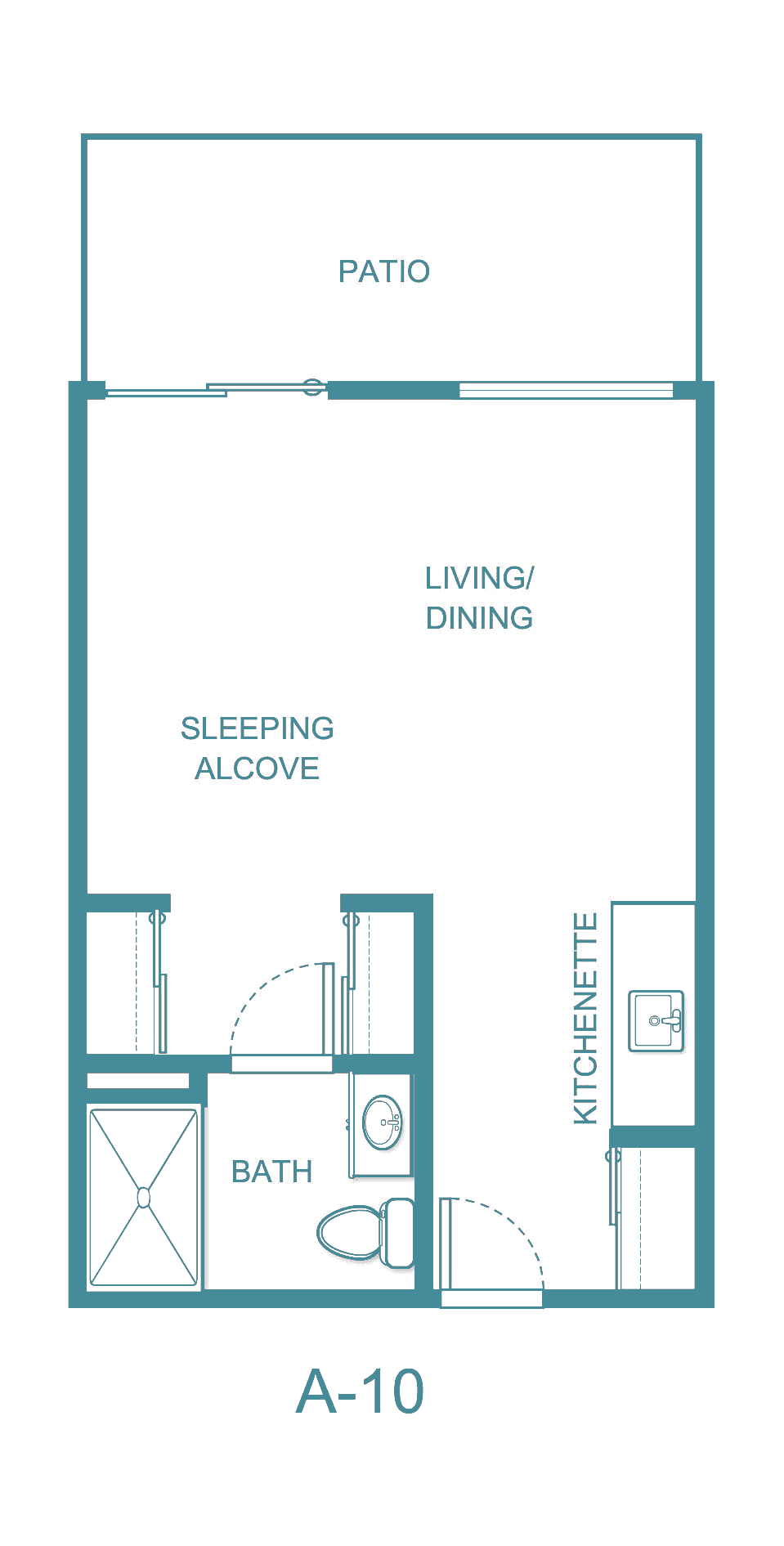 Floor plan of a studio apartment featuring a living/dining area, sleeping alcove, and kitchenette.