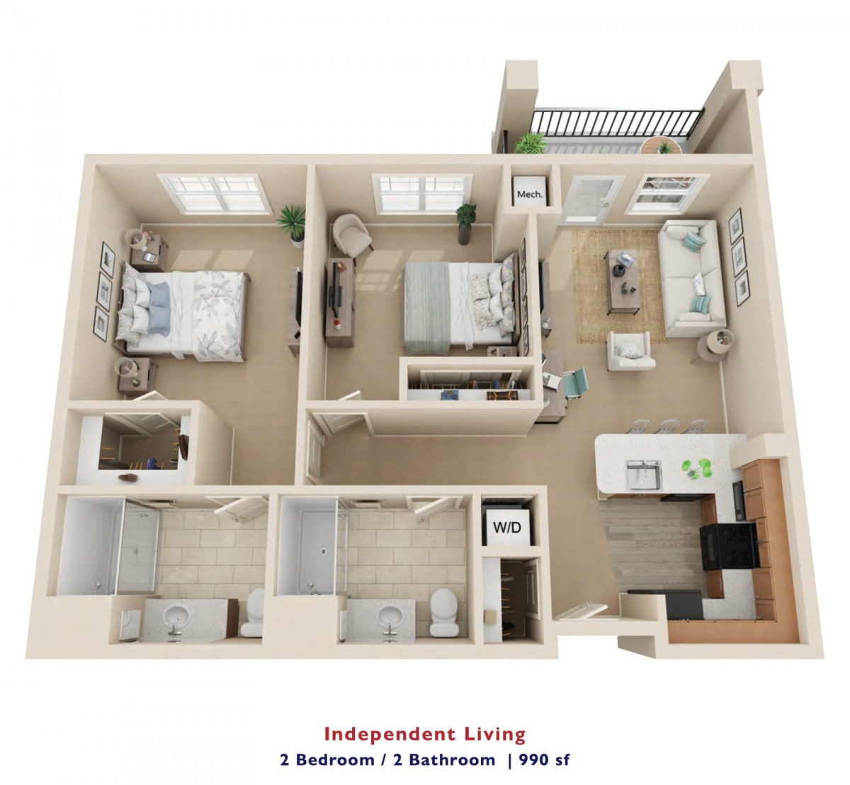 A 3D rendered floor plan of a two-bedroom, one-bathroom apartment.