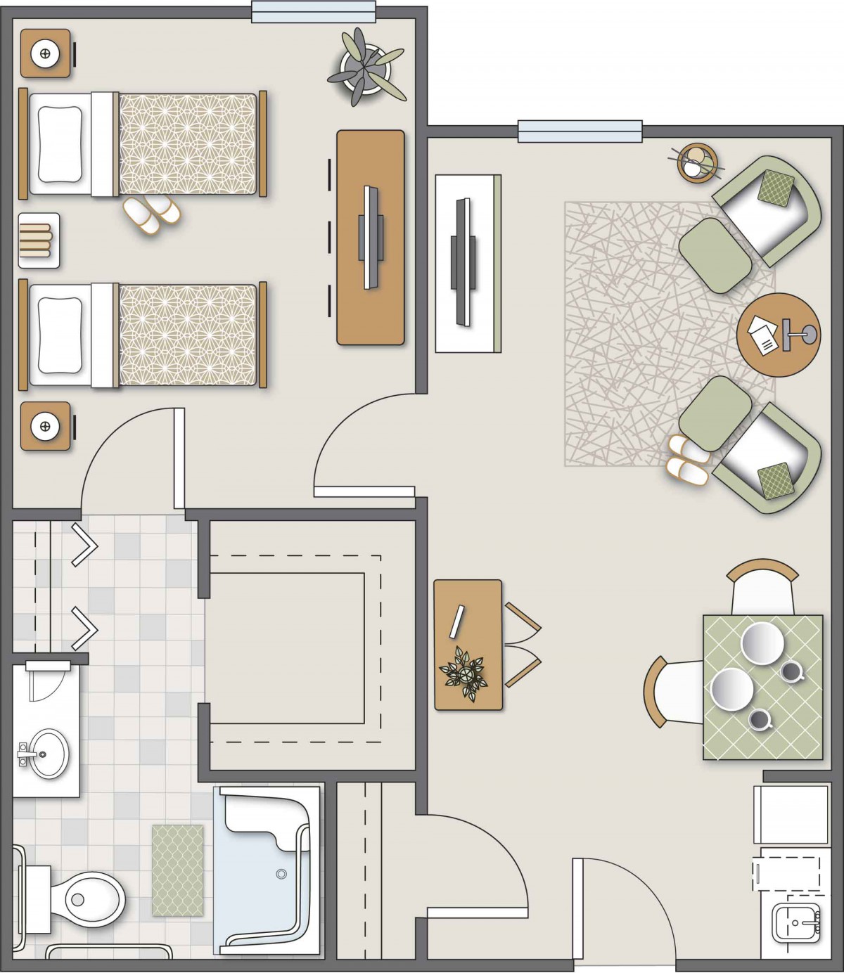 A detailed apartment floor plan featuring a living room, two bedrooms, and a bathroom.