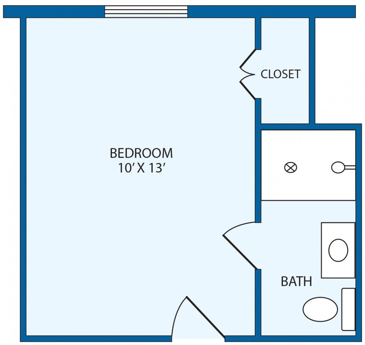 A simplistic floor plan featuring a bedroom with dimensions 10' x 13', a connected closet, and an adjoining bathroom.