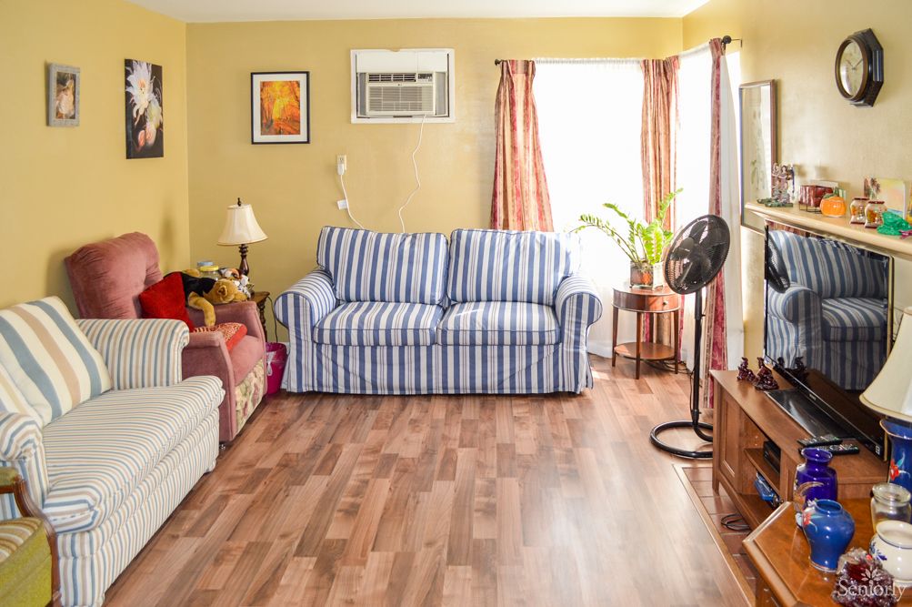 A cozy living room with a striped couch, wooden flooring, and warm lighting.