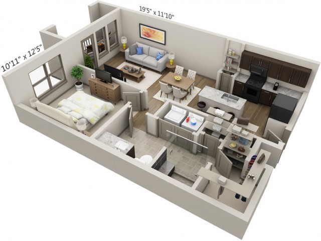3D rendering of a one-bedroom apartment with an open living area and modern kitchen.