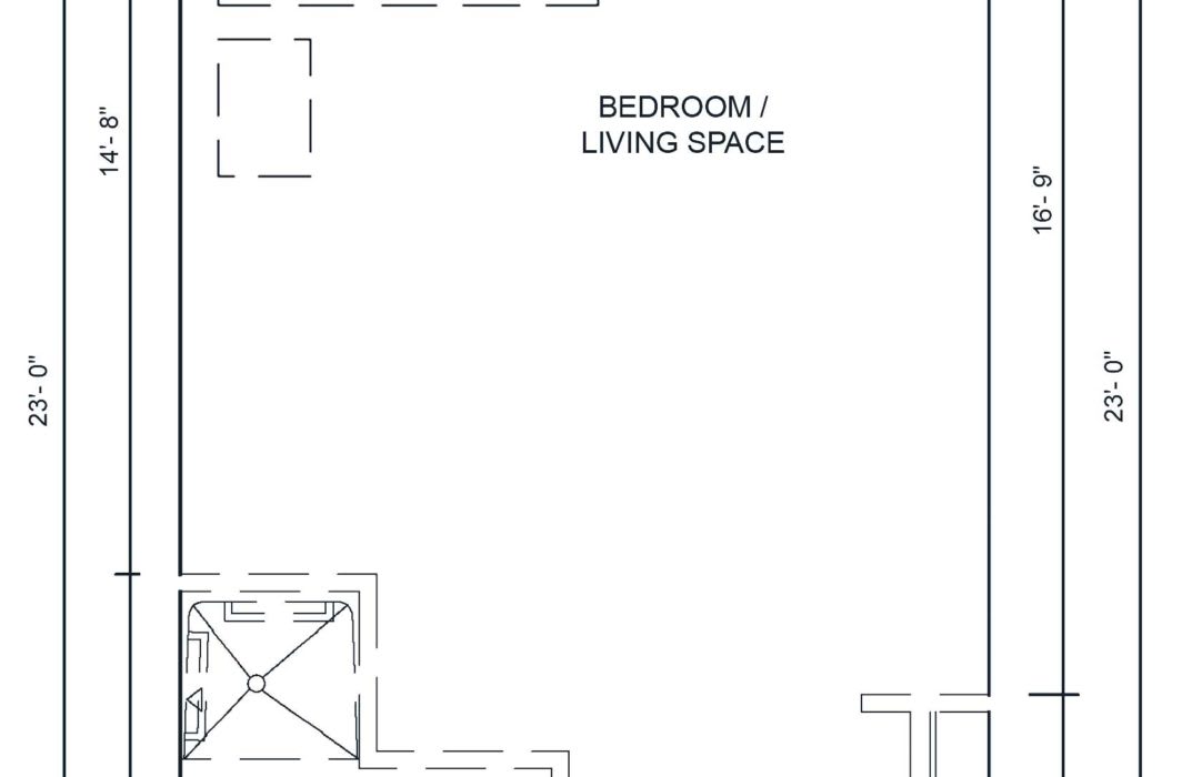 A simple floor plan showing a combined bedroom and living space.