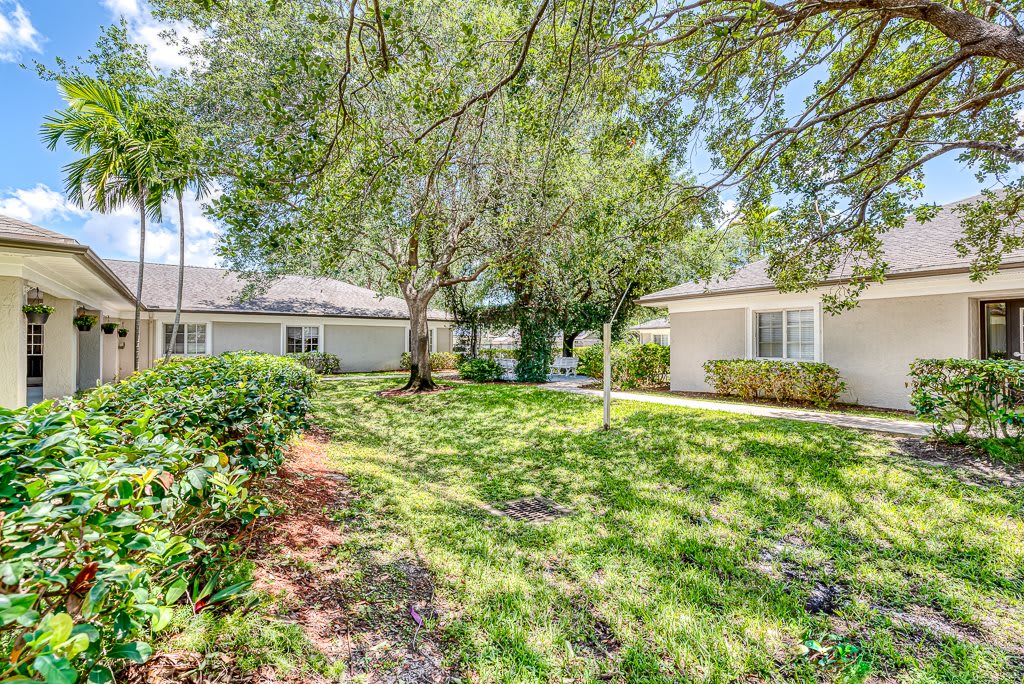 A sunny day in a residential area with houses surrounded by lush greenery and trees.