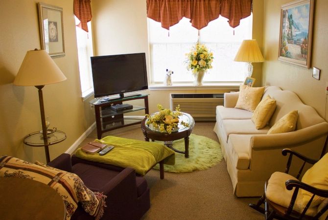 Cozy living room with a TV, sofa, and a floral centerpiece.