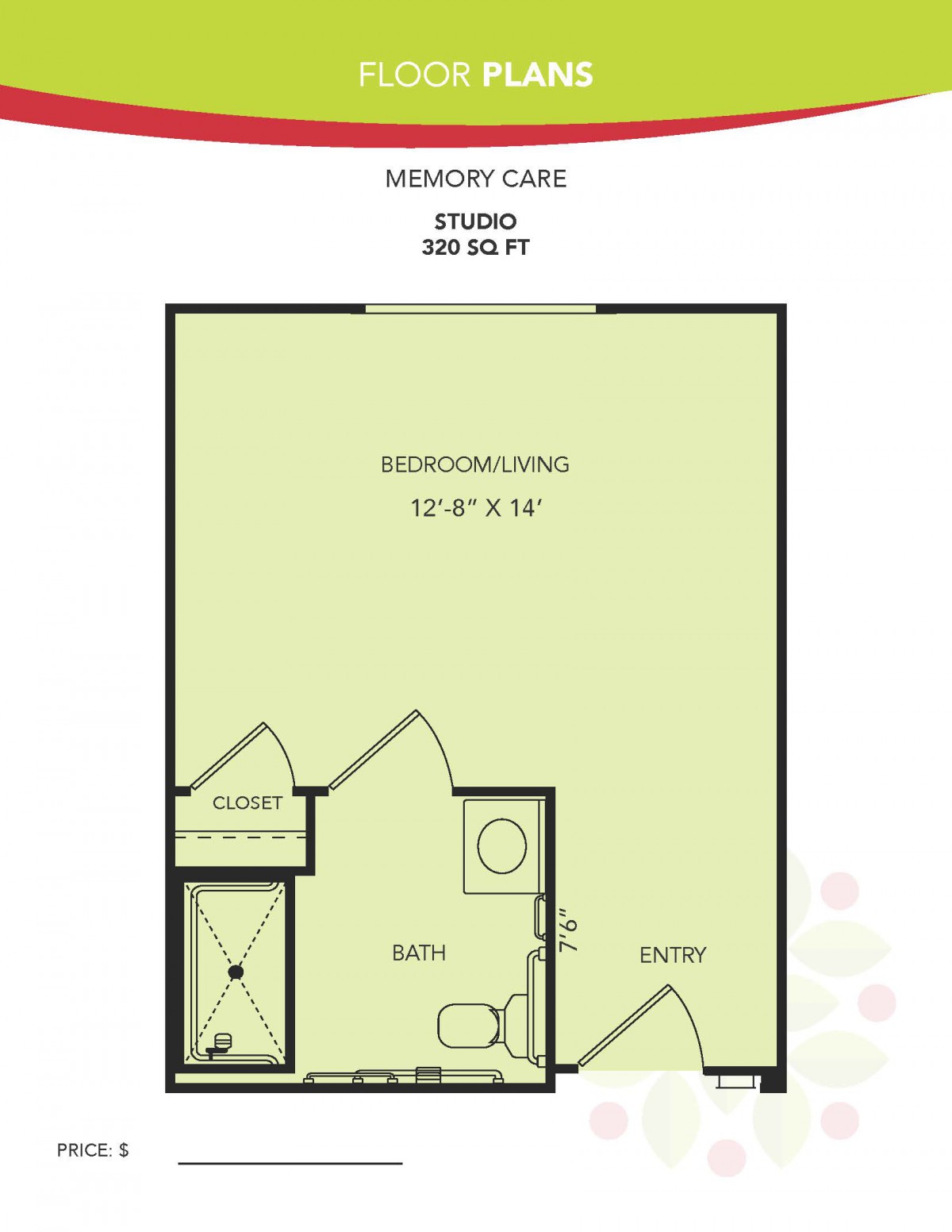 Studio floor plan for memory care with a living area and bathroom.