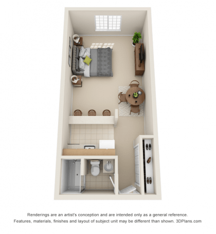 A 3D floor plan of a studio apartment showing the arrangement of furniture in a compact living space.