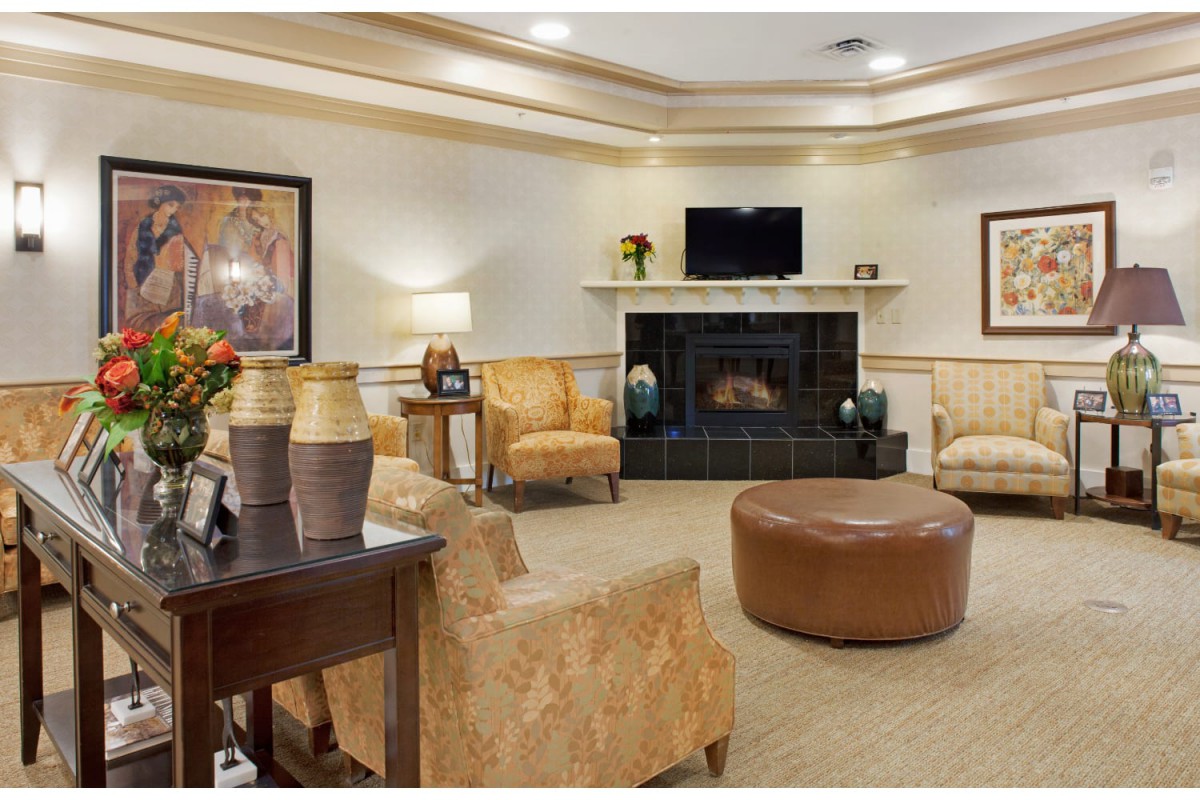 A cozy living room with a fireplace, comfortable seating, and elegant decor.