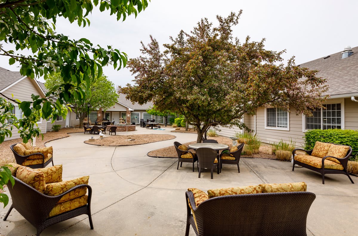 A spacious patio with outdoor furniture and a large tree in a well-maintained backyard.