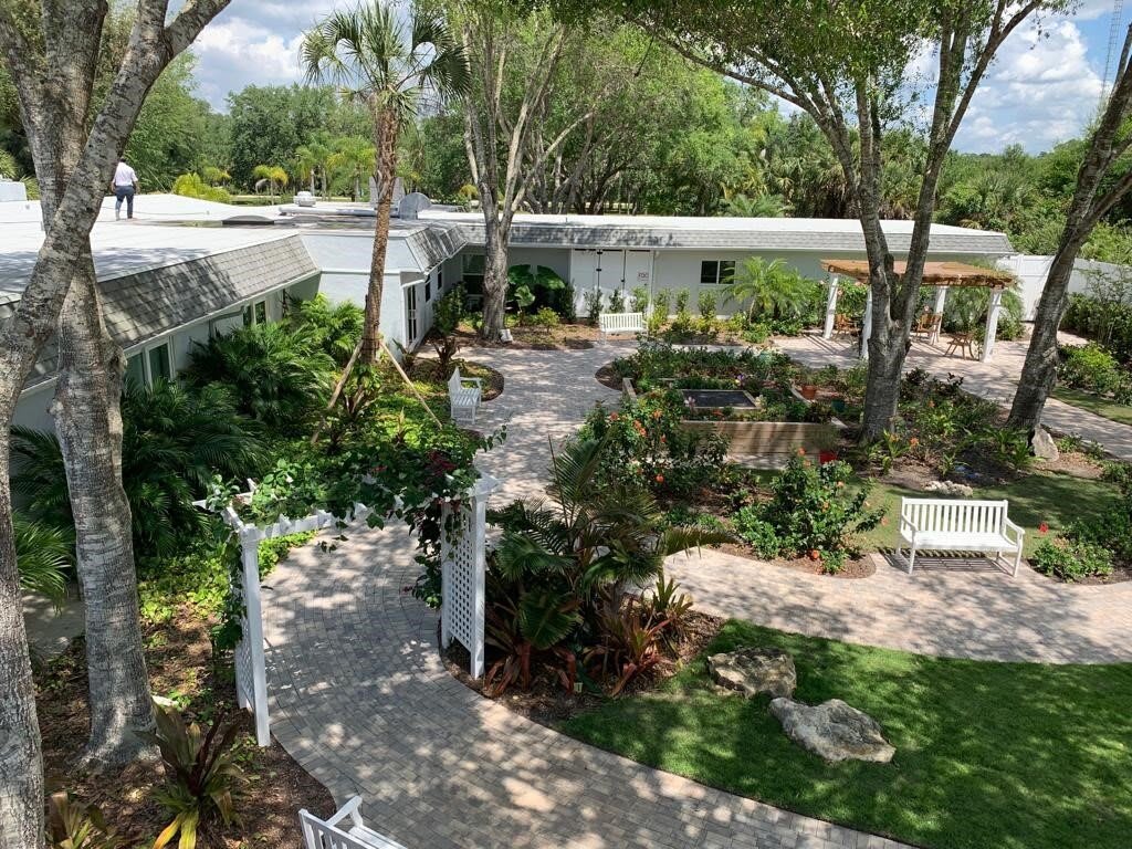 A lush garden with a pathway winding through trees and greenery, leading to a building in the background.
