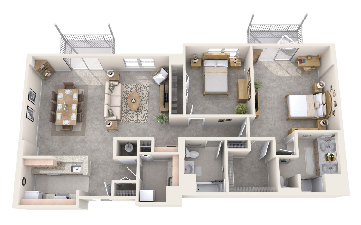 A 3D floor plan of an apartment featuring a kitchen, living room, two bedrooms, and two bathrooms.