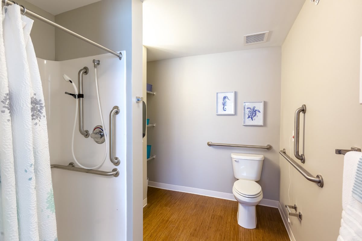 A modern, accessible bathroom with grab bars and a shower designed for ease of use.