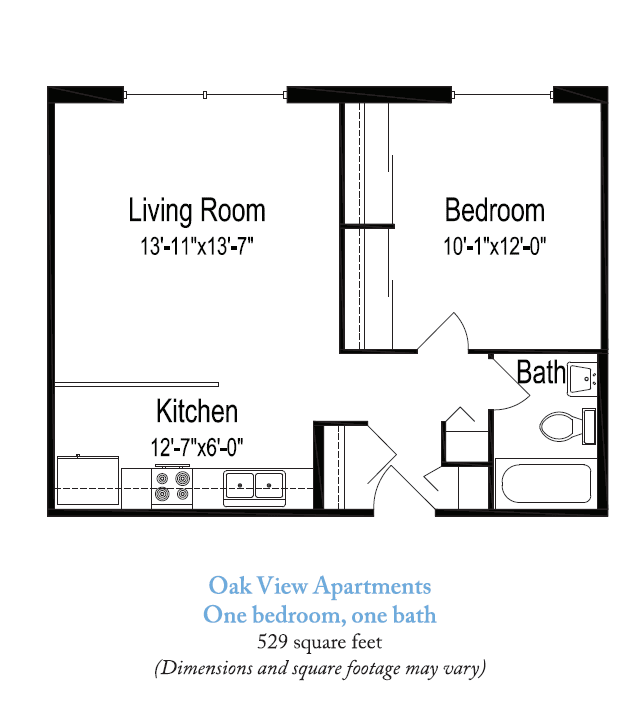 Floor plan of Oak View Apartments, featuring one bedroom and one bathroom with specified dimensions.