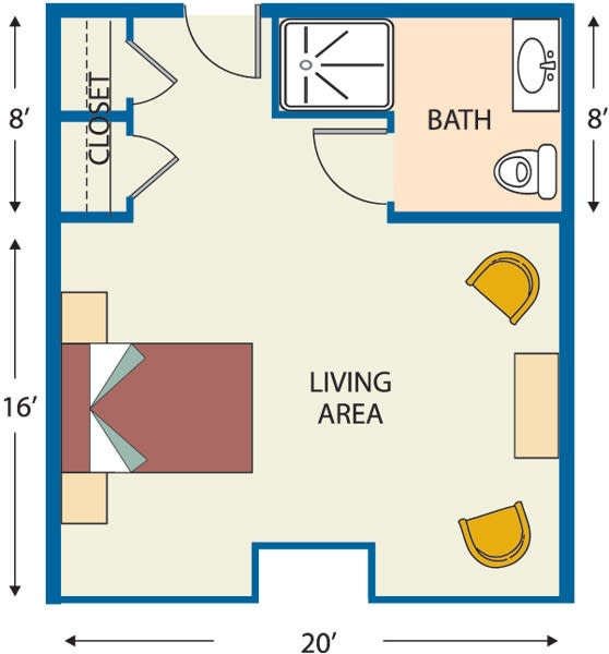 A compact studio apartment floor plan featuring a living area, bathroom, and designated furniture placement.